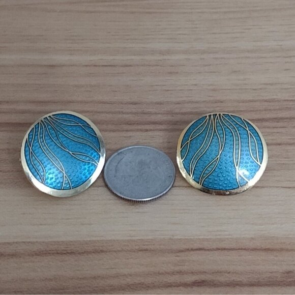 Vintage Signed SITI Cloisonne Enamel Round Earrings Blue Gold 90s Geometric - Picture 4 of 4